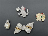 Costume Jewelry Pins: Elephant, Cat, Penguin, Bow