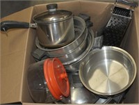 Box lot of stainless steel & other cookware