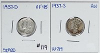 1937-D & 1937-S  Mercury Dimes   XF-details & AU