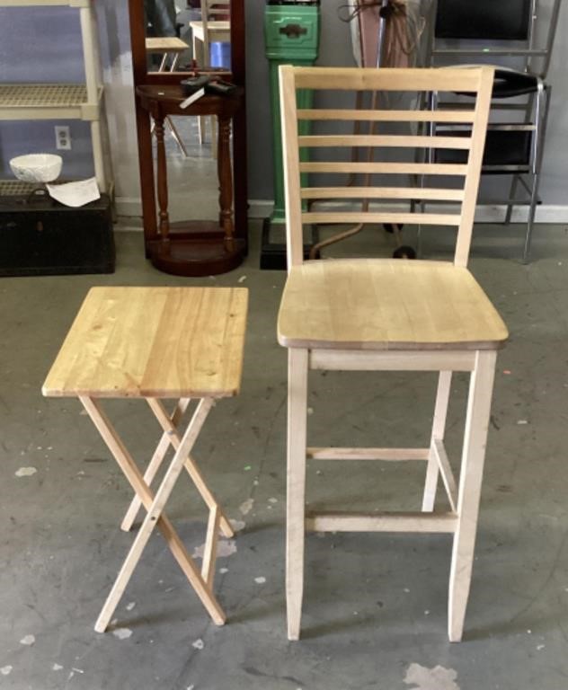 Oak bar stool and folding wood TV table
