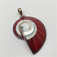 Sterling Seashell Pendant W Red & Mop Stones