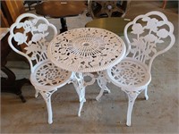 CAST IRON BISTRO TABLE & 2 CHAIRS - ROSE PATTERN