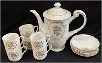VTG. OCCUPIED JAPAN CHOCOLATE POT, 6 CUPS &