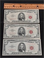 (3) 1963 $5 Red Seal Notes