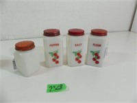 4 Milk Glass Shakers with stand 4" , 3" tall