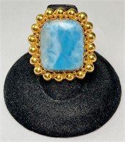 Sterling/Vermeil Lg Larimar Ring 13 Gr Size 6.75