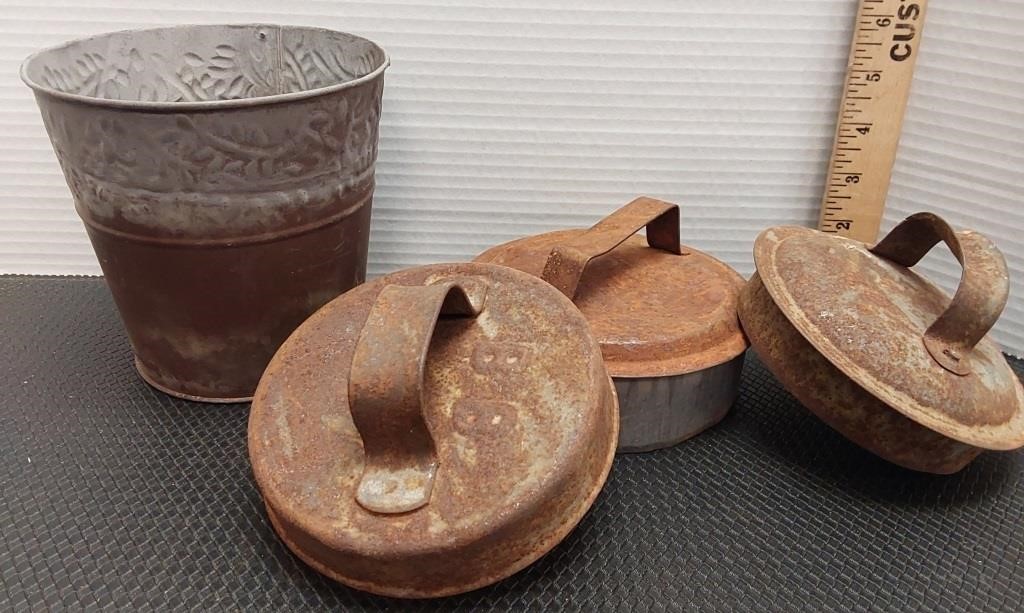 Metal decorative planter & 3 antique lids