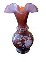 Fenton Cranberry Ruffled Edge Diamond Optic Vase,