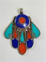 Alpaca Coral/Lapis/Turquoise Pendant 33 Grams