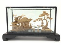 Vintage Chinese Cork Sculpture in Glass Case