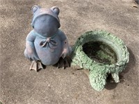 Frog yard art & turtle planter