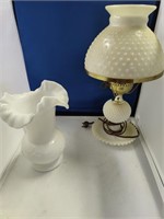 Hobnail lamp and milk glass vase.