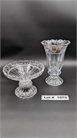 CRYSTAL PEDISTAL CANDY DISH AND CRYSTAL VASE