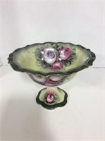 Victoria Ware Pedestal Bowl - Green with Flowers