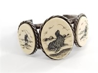 Sterling silver and scrimshaw ivory cuff bracelet,