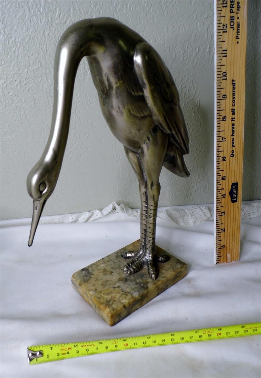 Large Silverplate Crane On Marble Base