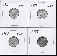 (4) "Mercury" Silver Dimes, 1941-1944