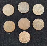 Collection of seven antique Two Cent Coins