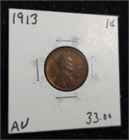 1913 Lincoln Wheat Cent Penny coin marked AU