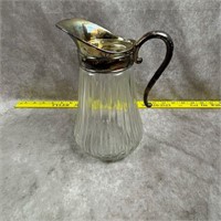 Vtg Ribbed Glass Pitcher with Silver plate spout