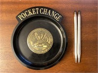 Vintage Pocket Change Dish w/ Brass Army Medal