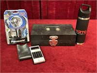 Headset, Cash Box, Calculator & Drink Bottle