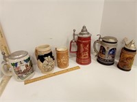 6 German Beer Steins, 4 W/Pewter Tops