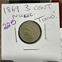 1869 3 CENT NICKEL TONED