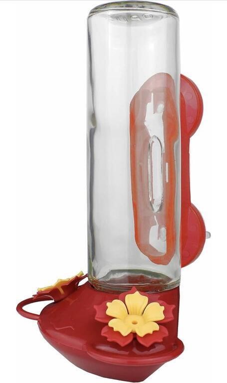 RED WINDOW MOUNTED 14 OZ GLASS HUMMINGBIRD FEEDER