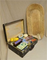 Primitive Dough Bowl, Vintage Suitcase with Tins.
