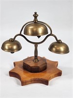SET OF 3 BRASS SLEIGH BELLS MOUNTED ON WOOD