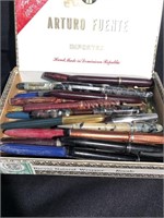 Cigar box full of vintage fountain pens and