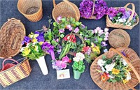 LOT OF COLORFUL SILK FLOWERS AND ASSORTED BASKETS