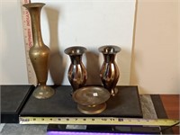 group of vtg brass vase & candle stand