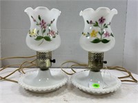 HAND PAINTED MILK GLASS HOBNAIL LAMPS - 9" TALL