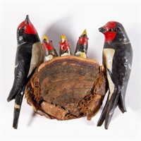 FOLK ART CARVED AND PAINTED WOOD BIRD FAMILY,