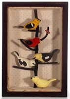 FOLK ART CARVED AND PAINTED BIRD TREE DIORAMA,