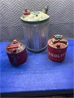 2x1 gallon gas cans and a 5 gallon gas can