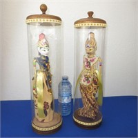 2 Vintage Wayang Golek Wooden Puppets in Display