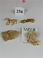 FOUR NAPIER GOLD TONE PINS RHINESTONES HORSE CAR