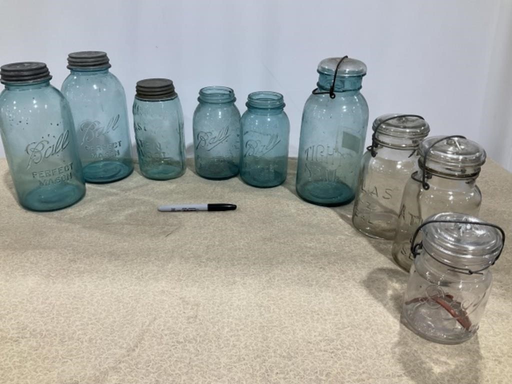 Blue canning jars, clear E-Z seal lid jars