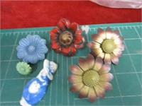 Antique glass, metal, plastic curtain tiebacks.