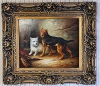 FRAMED OIL ON CANVAS DOGS BY HANY