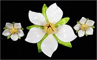 Vintage Enamel Flower Brooch Pin & Earring Set