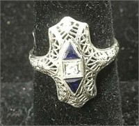 Art Deco 18k Filigree Sapphire & Diamond Ring