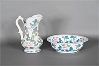 Vtg Ceramic Floral Pitcher & Wash Basin