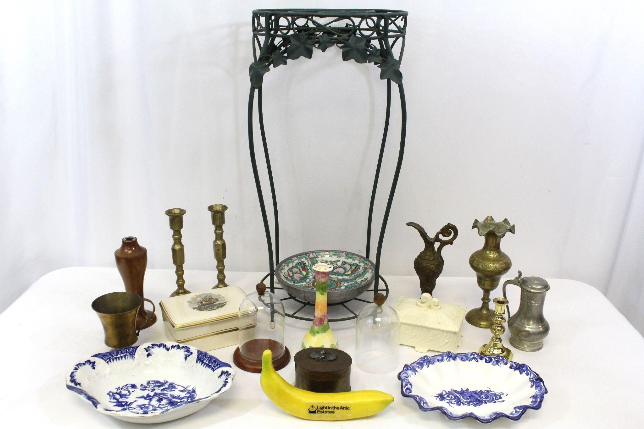 Plant Stand, Brass Candle Holders, Trinket Boxes +