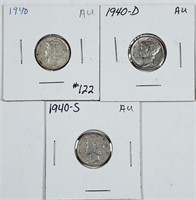 1940, 1940-D & 1940-S  Mercury Dimes   AU