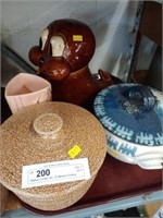 Walrus Cookie Jar, (3) Modern Pottery Bowls/Vase