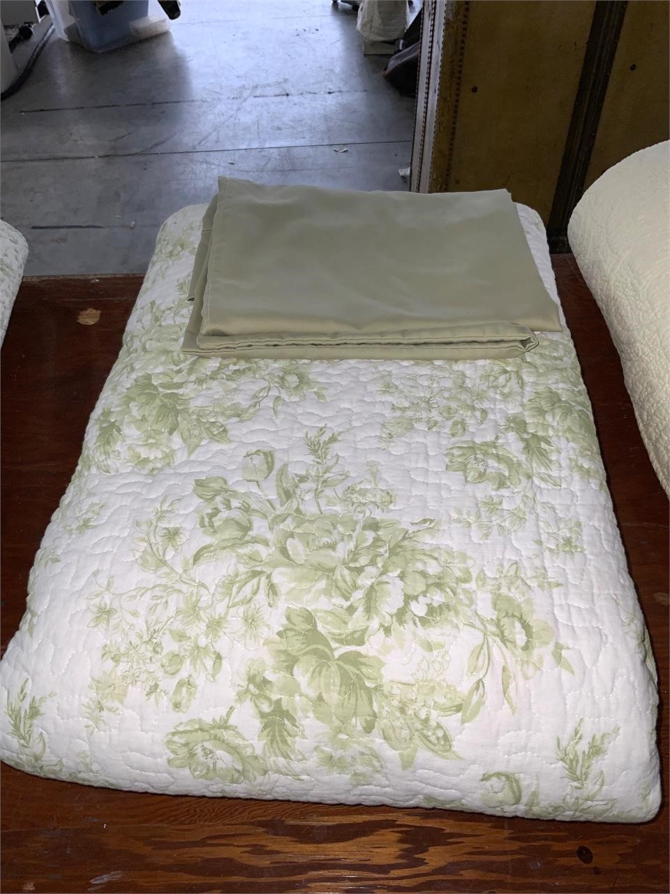 sage white quilt style bedspread with pillow case